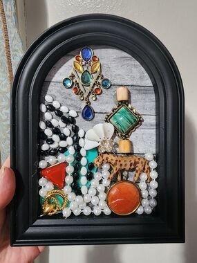 Black Beaded Wall Jewelry Art Multicolor Gem Accents Cat Tiger Animal Handmade